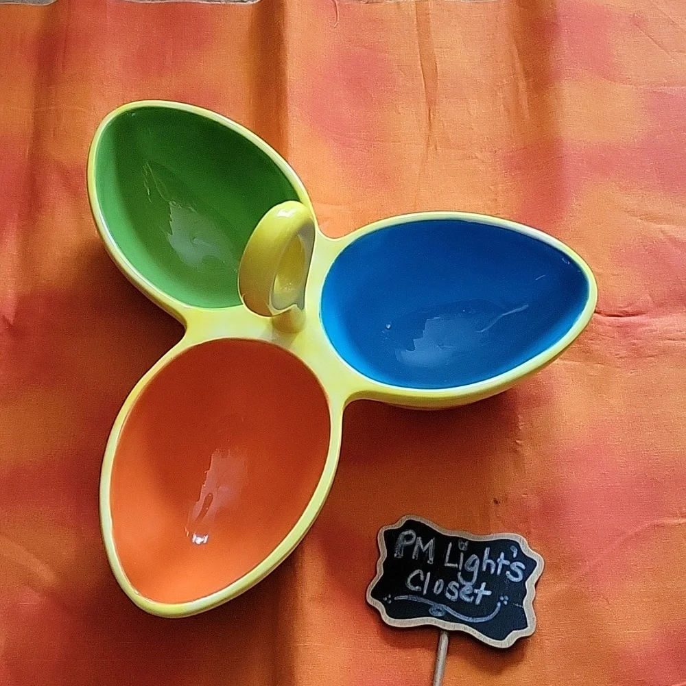 3 Section Handled Server Condiment Dish Yellow Lime Blue Orange Floral